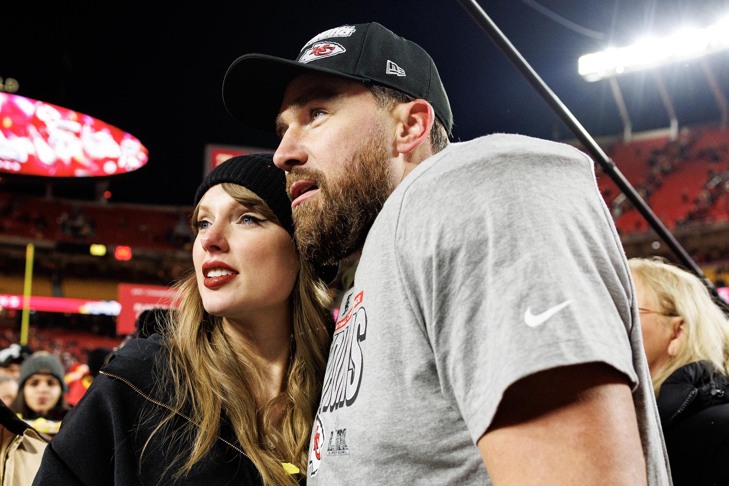 Travis Kelce celebrates with Taylor Swift after the AFC Championship game on January 26, 2025, in Kansas City, Missouri | Source: Getty Images