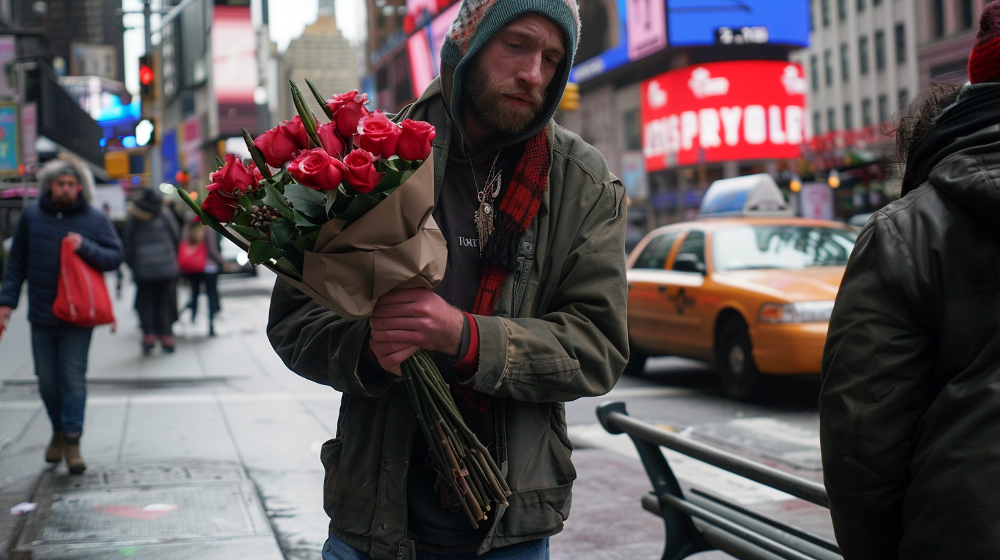 Homeless man walking the street with roses in his hands | Source: Midjourney