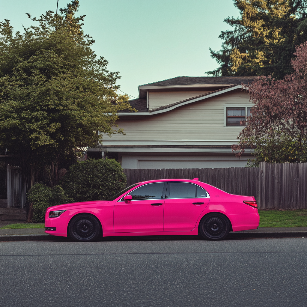 A pink car parked outside a house | Source: Midjourney