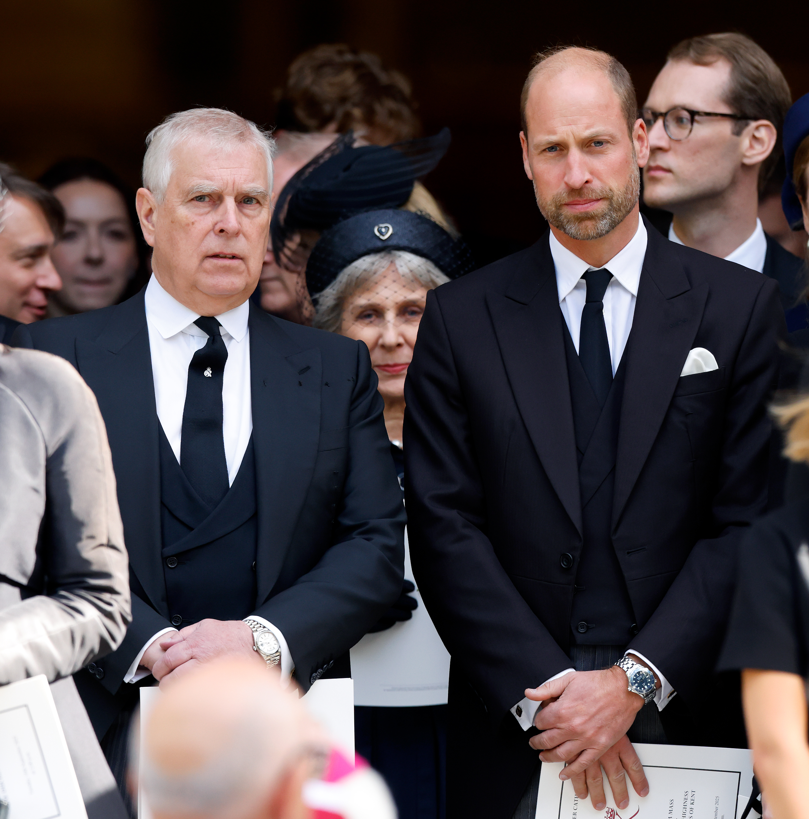 Ex-Prince Andrew and Prince William attend Katharine, Duchess of Kent's Requiem Mass service at Westminster Cathedral on September 16, 2025 in London, England. | Source: Getty Images