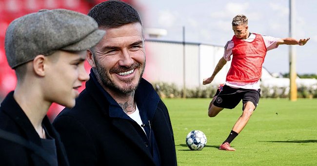 David Beckham and son Romeo Beckham inspect the pitch prior to the Vanarama National League match between Salford City and Dover Athletic at Peninsula Stadium on February 16, 2019 in Salford, England, the next image shows a solo shot of Romeo during training | Photo: Getty Images