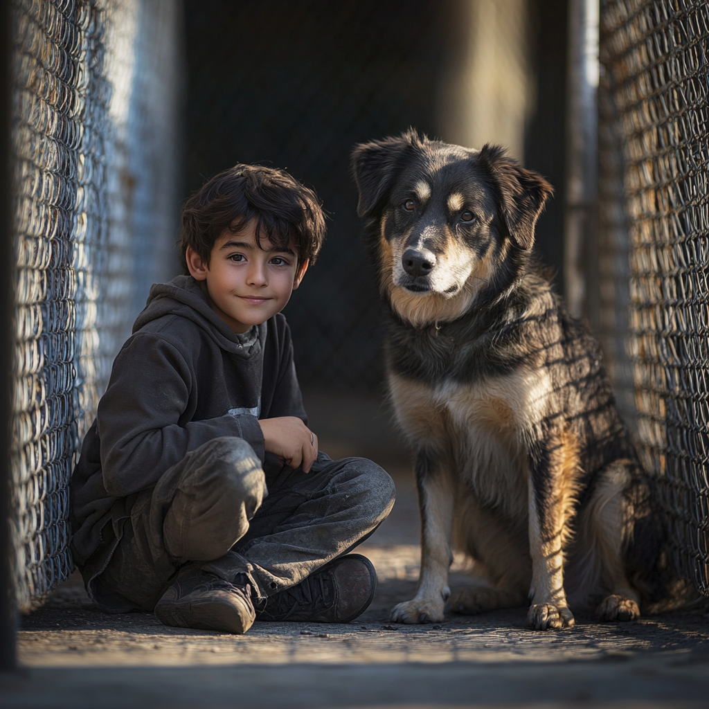 A boy sitting near a shelter kennel with a scruffy mutt | Source: Midjourney