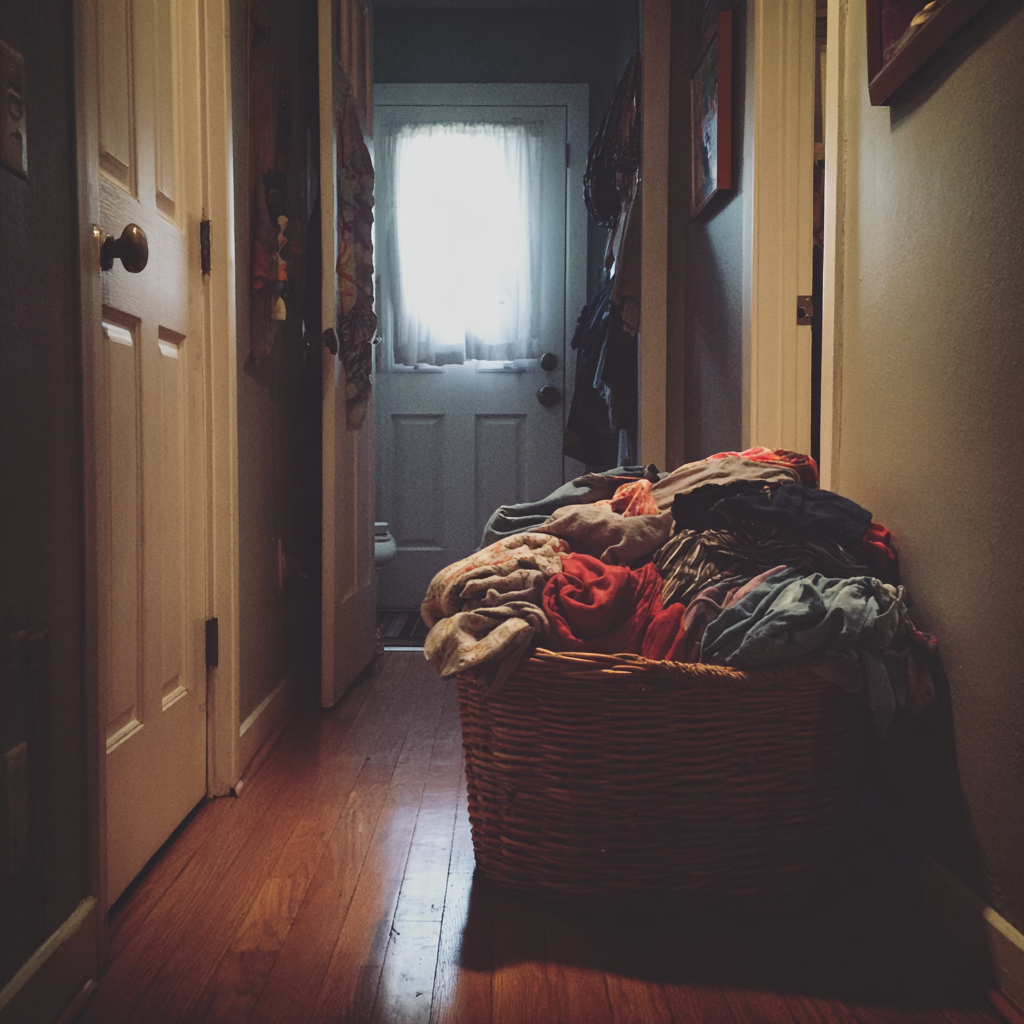 A basket of laundry in a hallway | Source: Midjourney