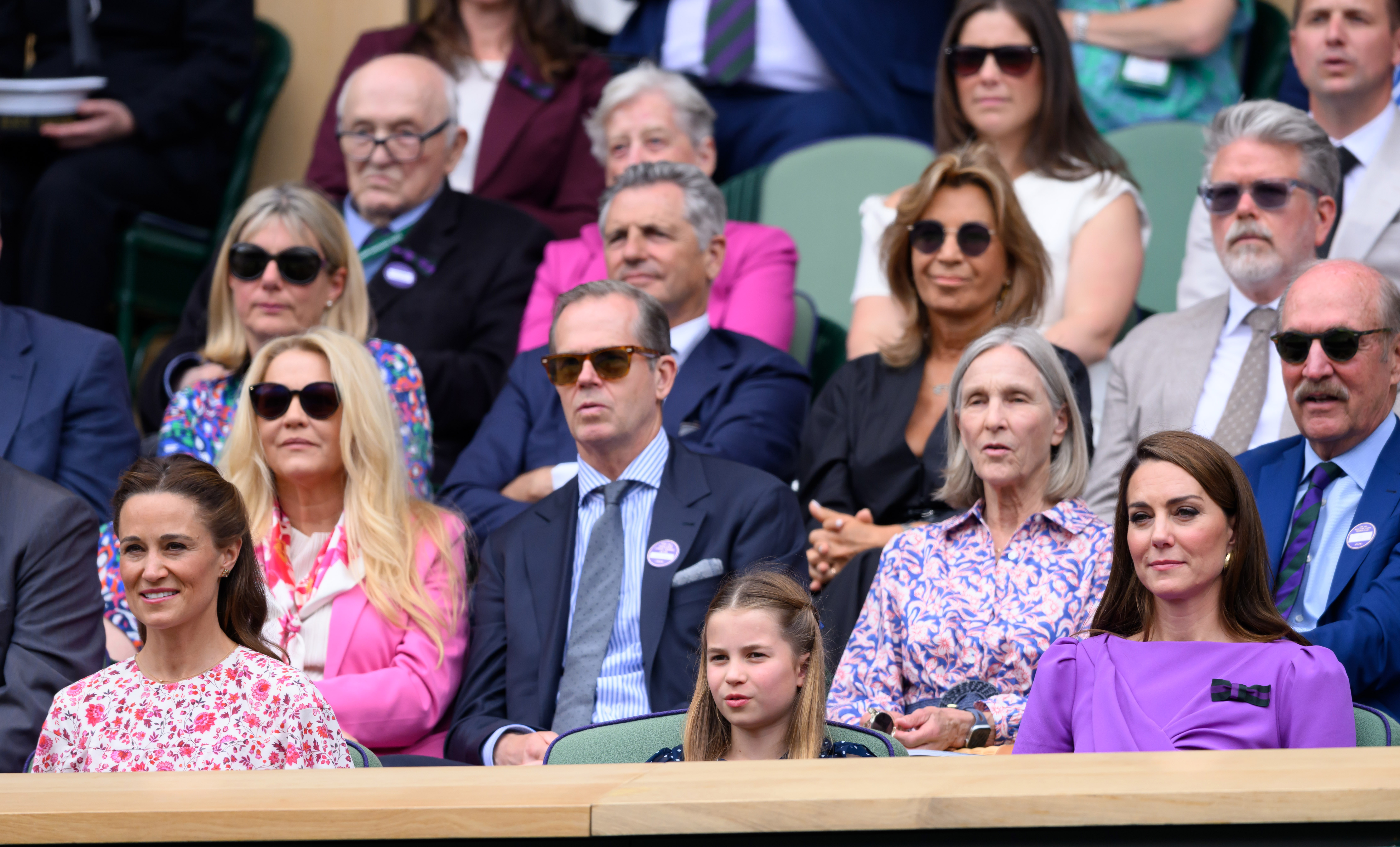 Pippa Middleton, Princess Charlotte and Kate Middleton court-side of Centre Court during the Wimbledon Tennis Championships on July 14, 2024, in London, England. | Source: Getty Images