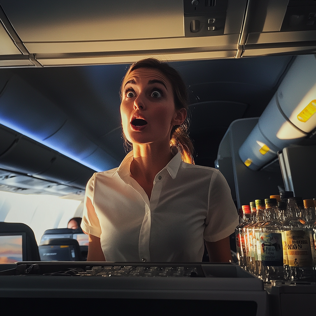 A shocked flight attendant | Source: Midjourney