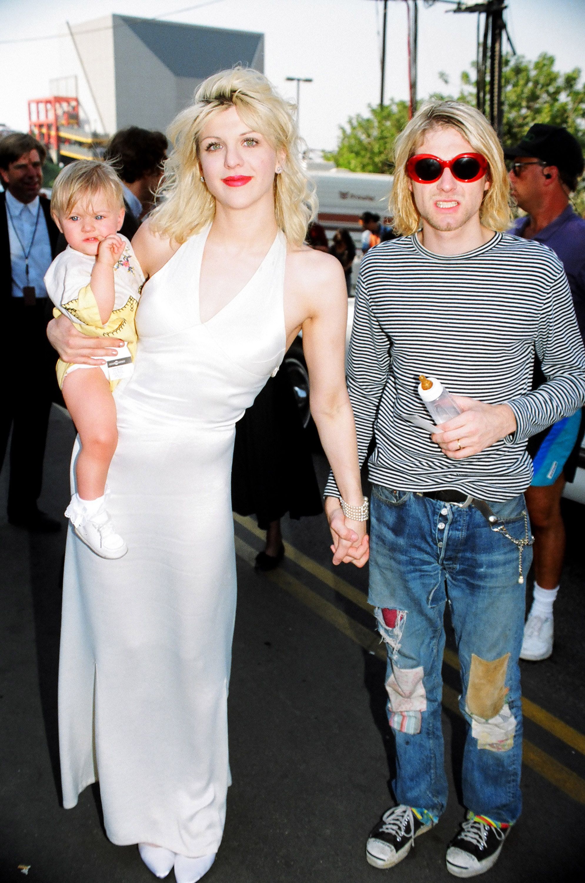 Courtney Love, Frances Bean Cobain, Kurt Cobain at the 1993 MTV Video Music Awards | Source: Getty Images