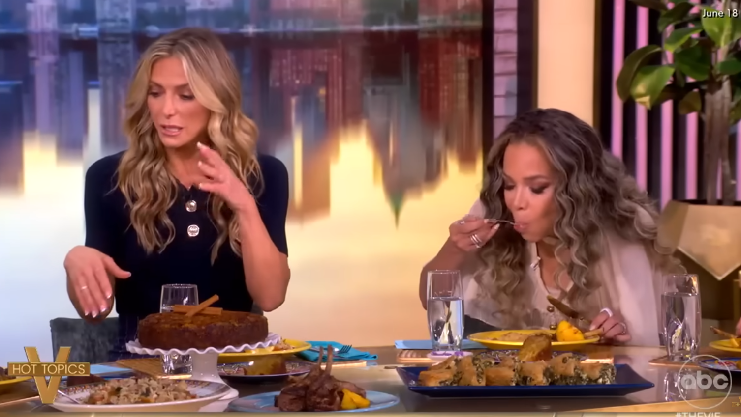 Sunny Hostin is eating the Greek food that has walnuts in it, dated June 20, 2025 | Source: YouTube/TheView