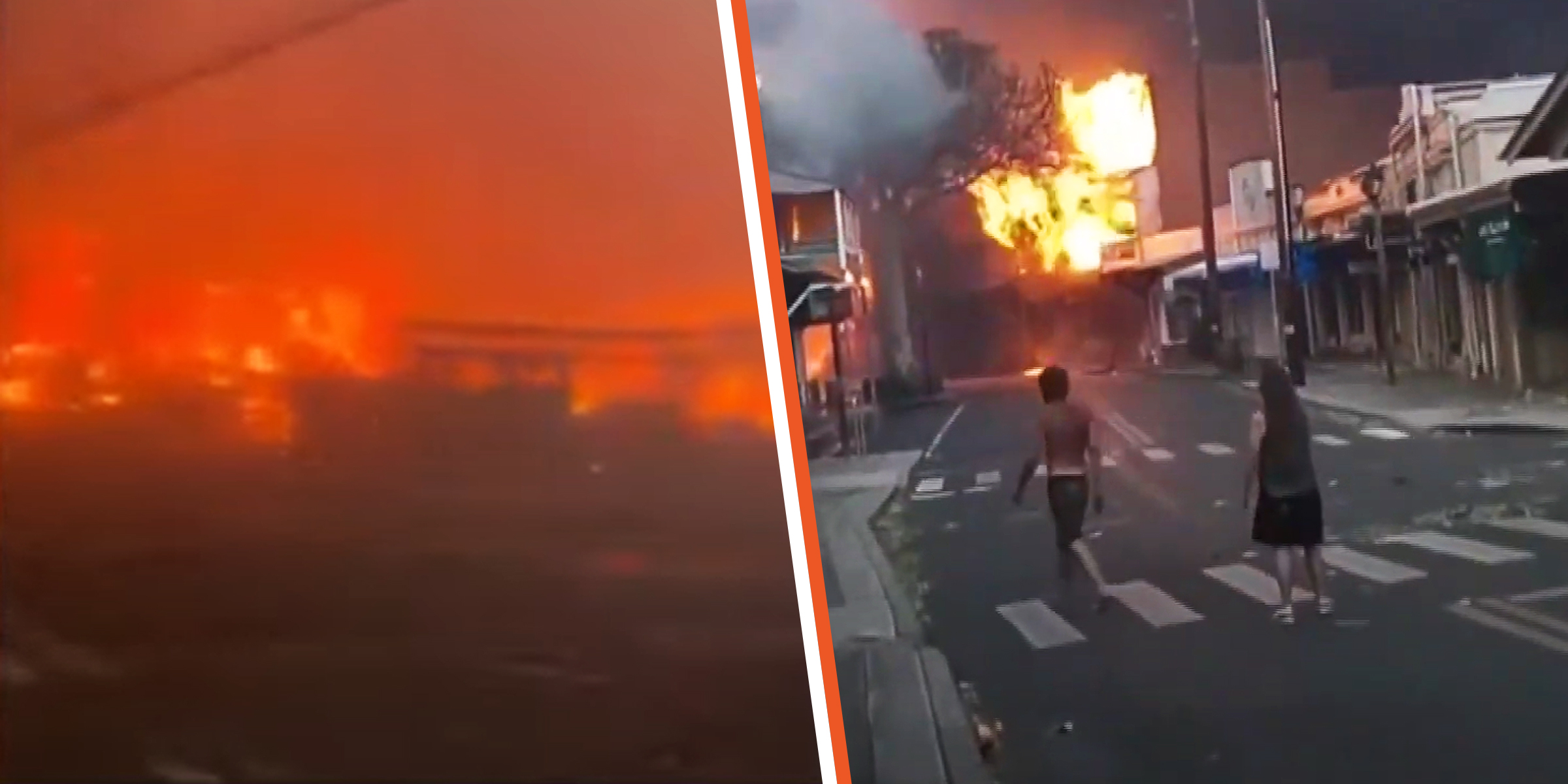 A photo of the fire in Hawaii | People walking on the street while the wildfires cause destruction | Source: youtube.com/fox26houston | youtube.com/PBSNewsHour