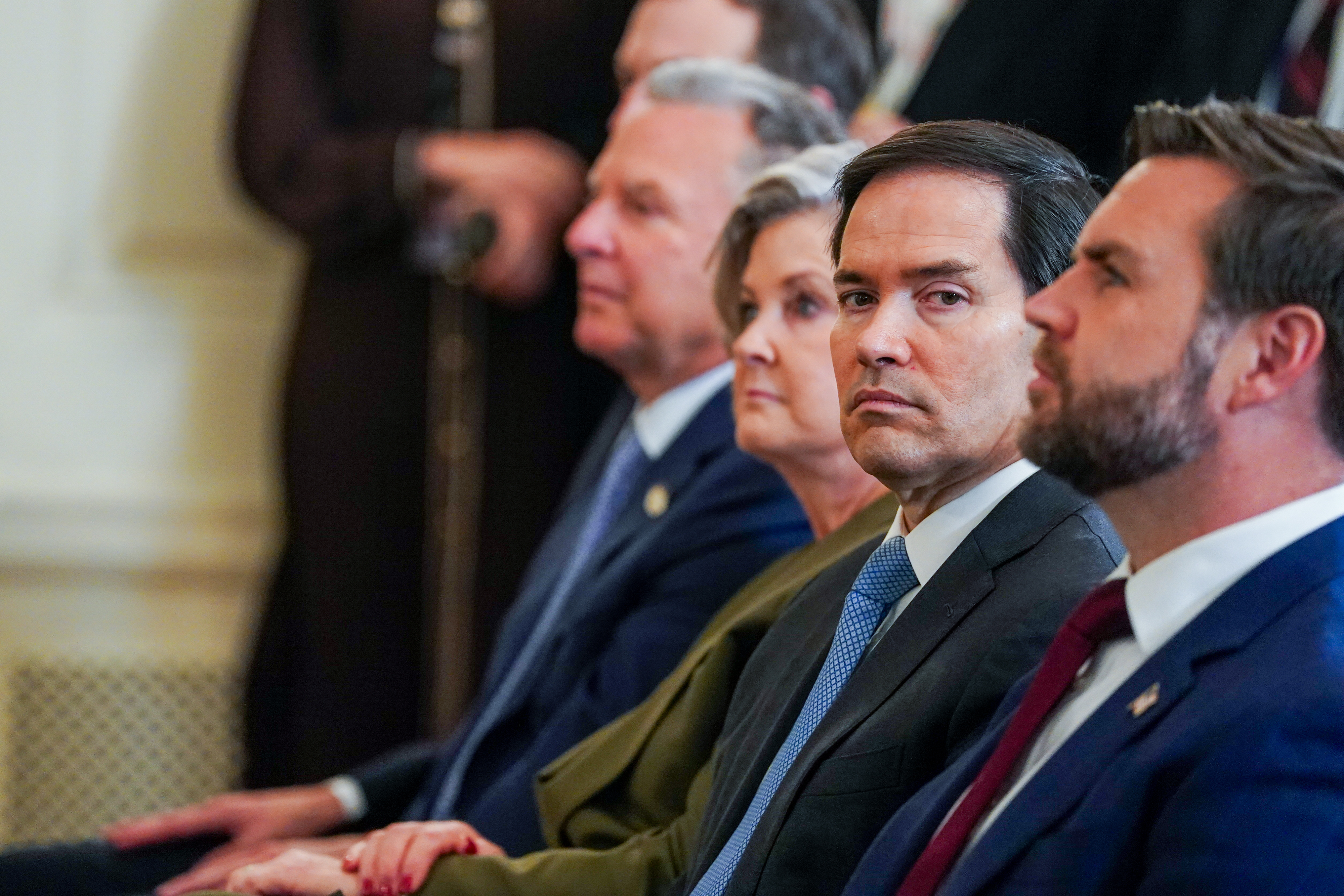 Susie Wiles sits with U.S. officials including Marco Rubio and JD Vance during a press event at the White House on September 29, 2025 | Source: Getty Images