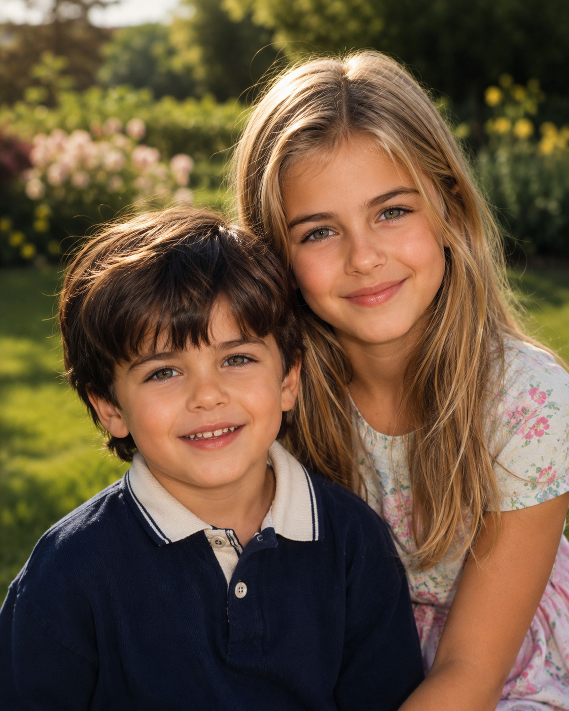 In this AI creation, Fabio and Elizabeth Hurley’s imagined son and daughter smile closely together outdoors, featuring soft sunlight and a sweet, natural portrait style. | Source: ChatGPT
