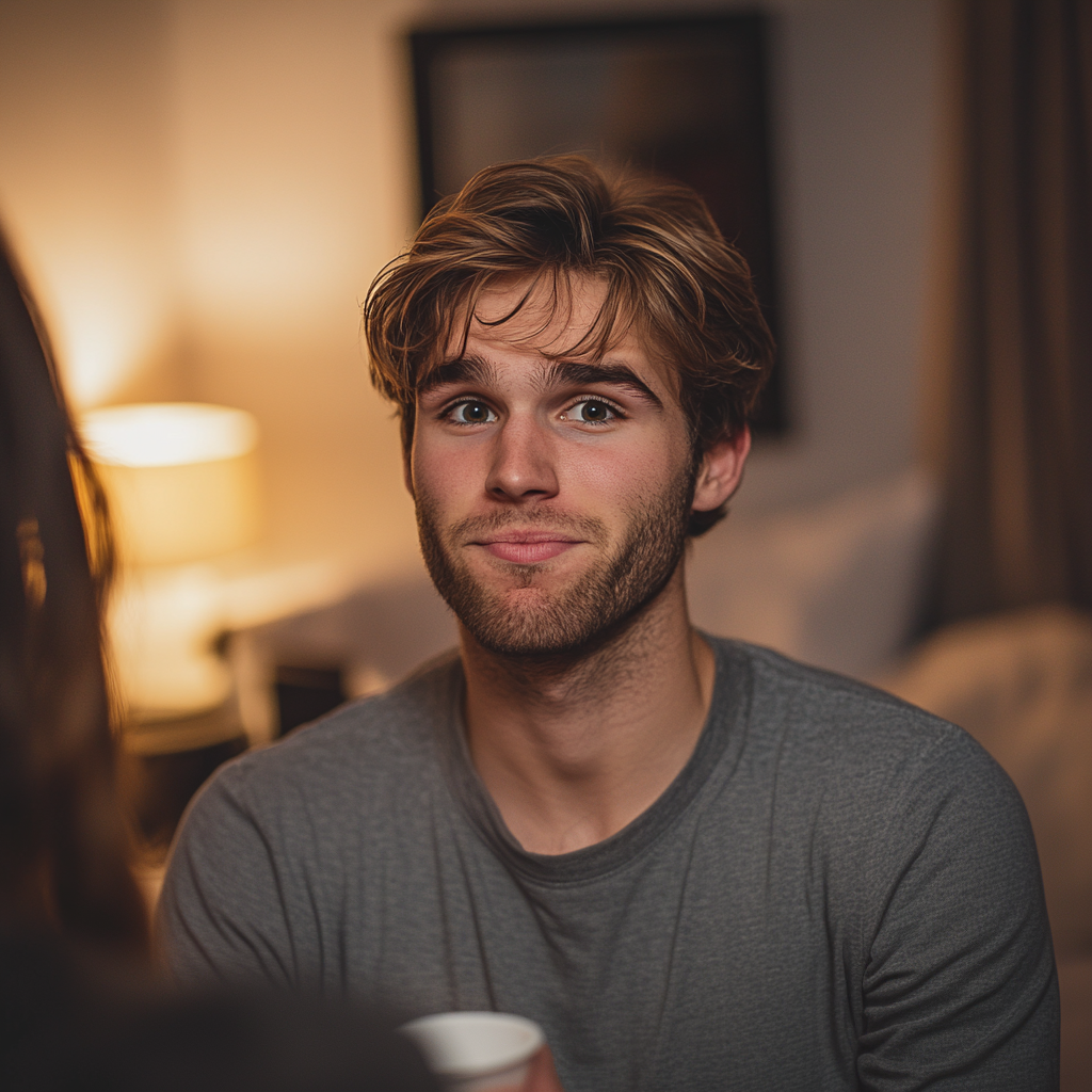 A man shrugs while looking at his wife | Source: Midjourney