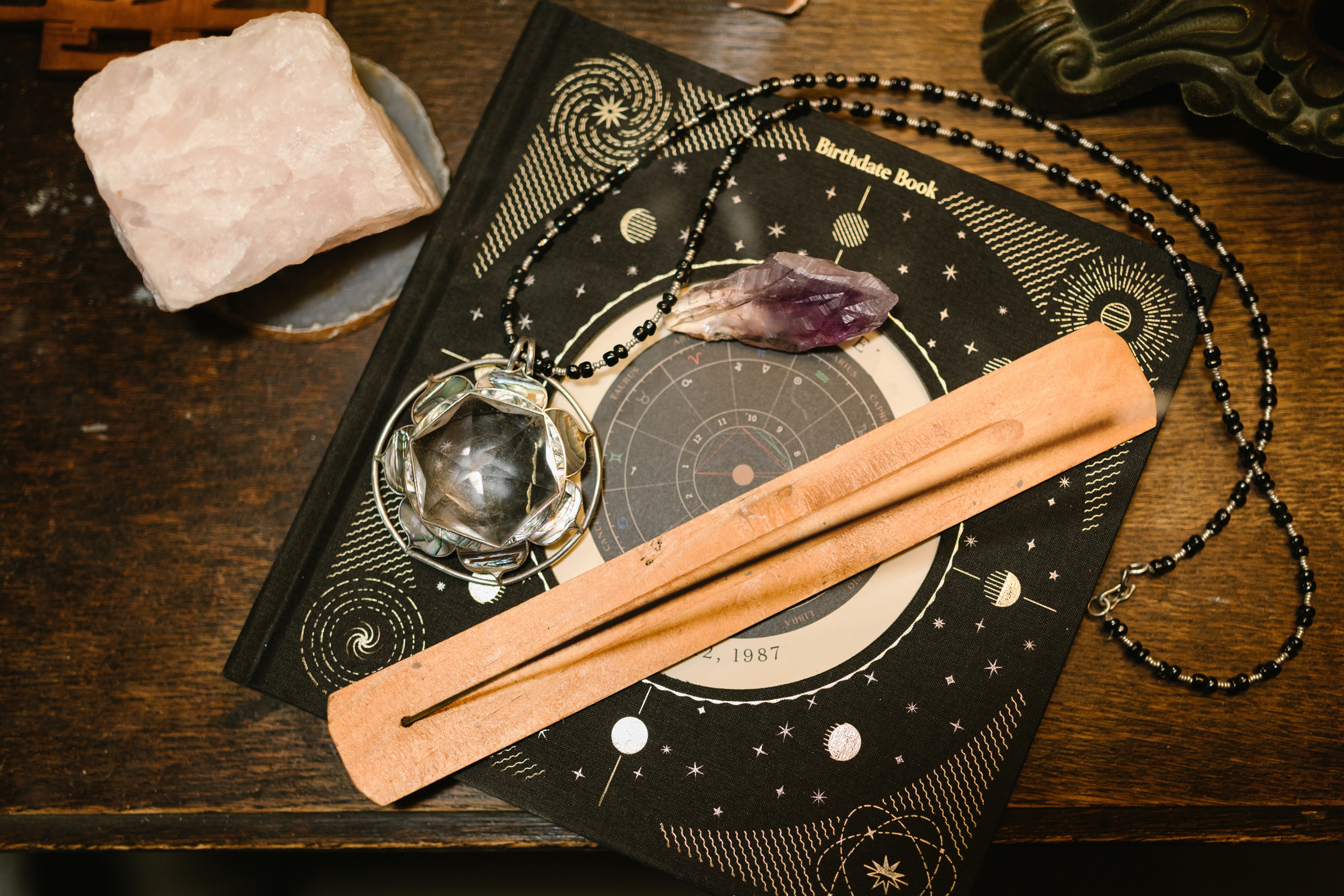 Crystals on top of a horoscope board. | Pexels/ RODNAE Productions