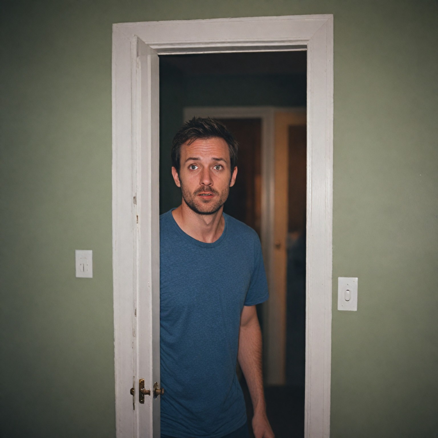 John standing in the bedroom doorway, with a look of shock and disbelief | Source: Midjourney