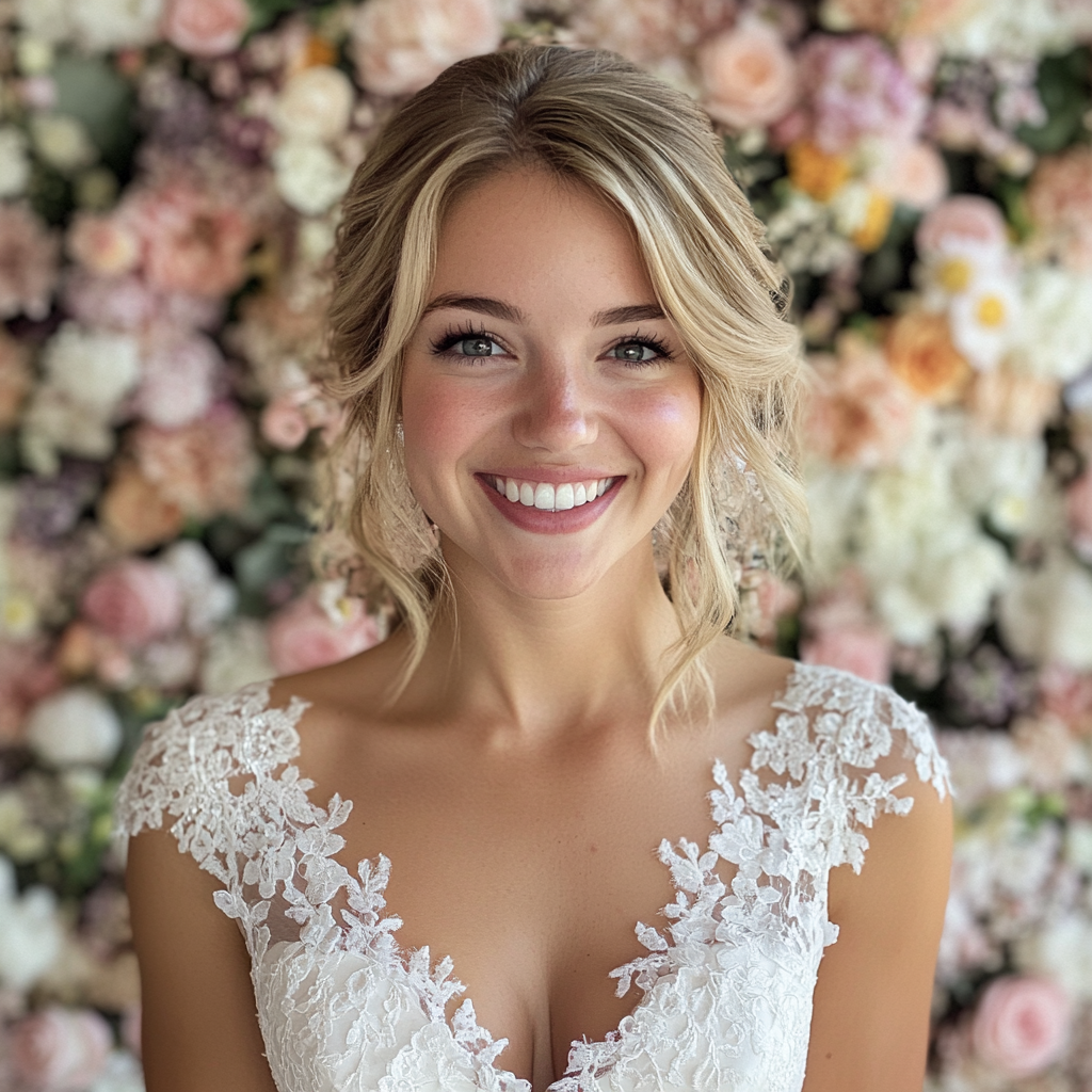 A bride standing in front of a flower wall | Source: Midjourney