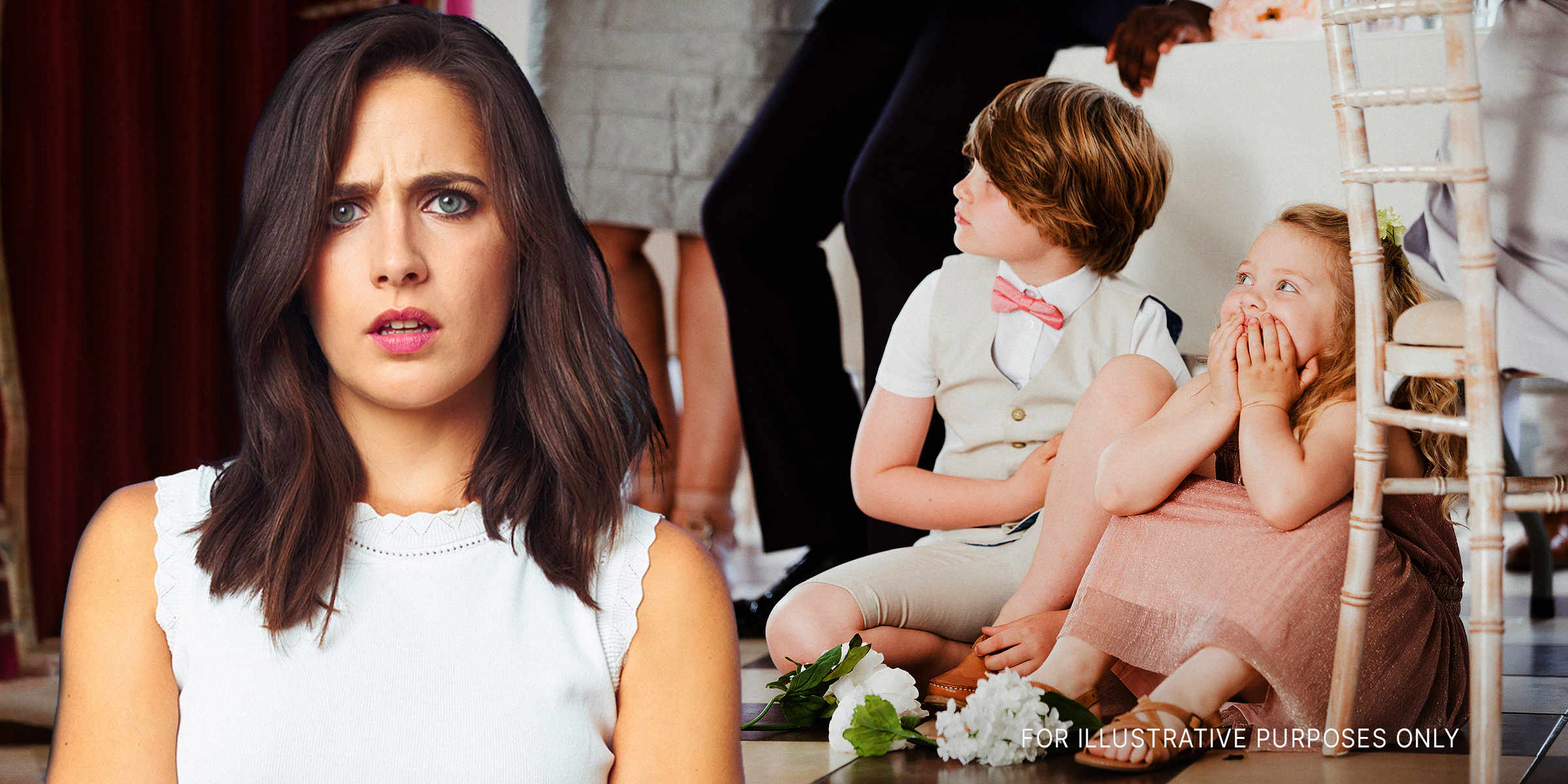 A shocked woman in the foreground with children sitting in the back at an event | Source: Shutterstock