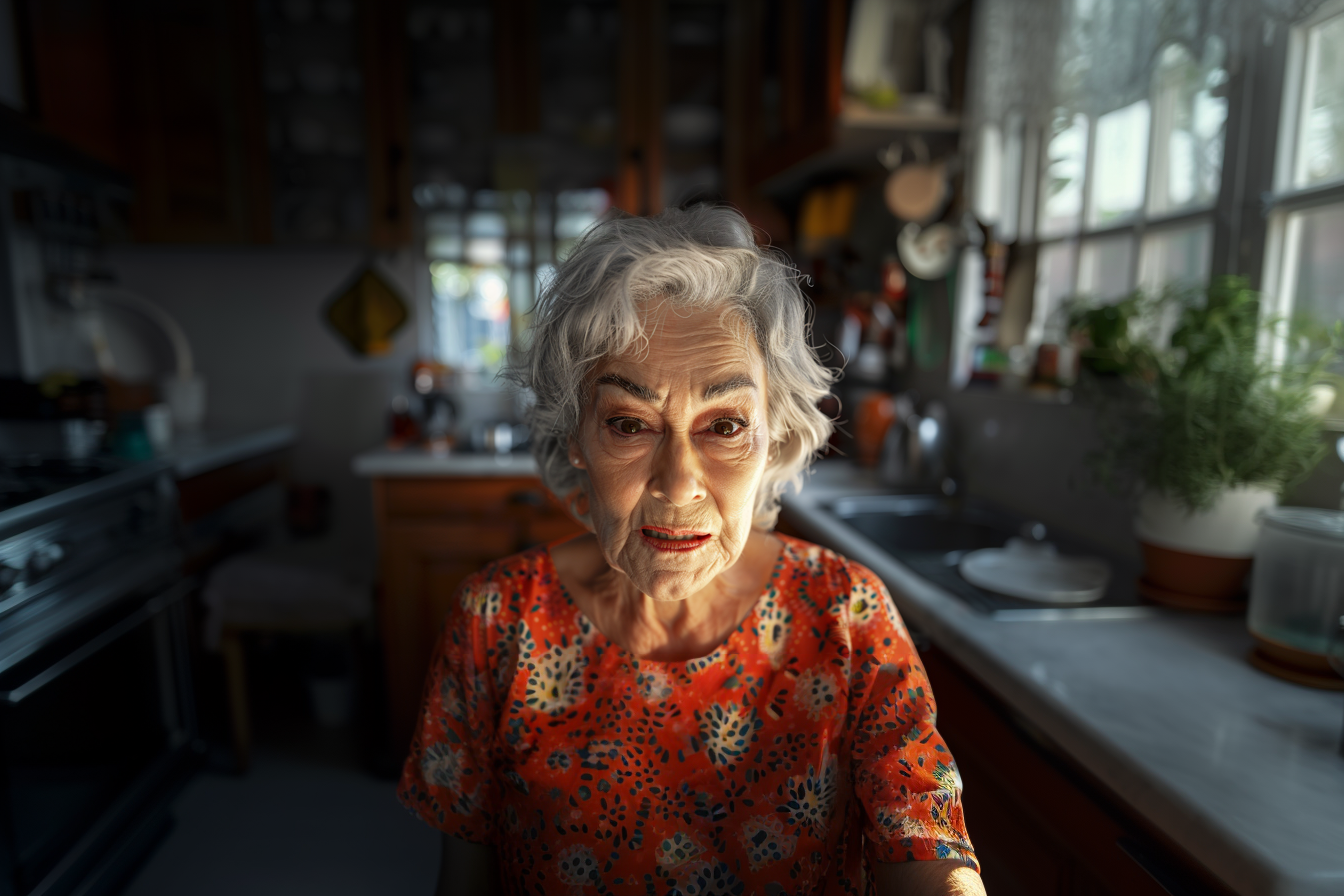 An upset woman standing in the kitchen | Source: Midjourney