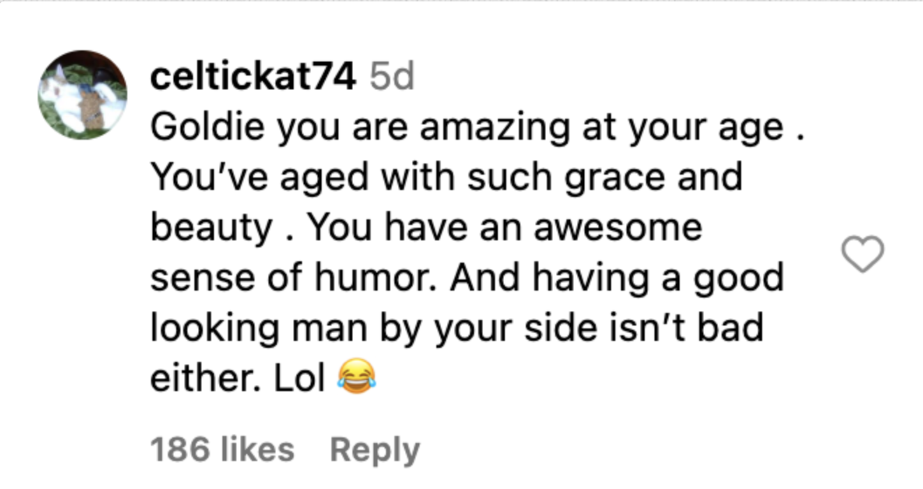 A screenshot of an Instagram comment from a fan complimenting Goldie Hawn's grace and beauty. | Source: instagram.com/goldiehawn