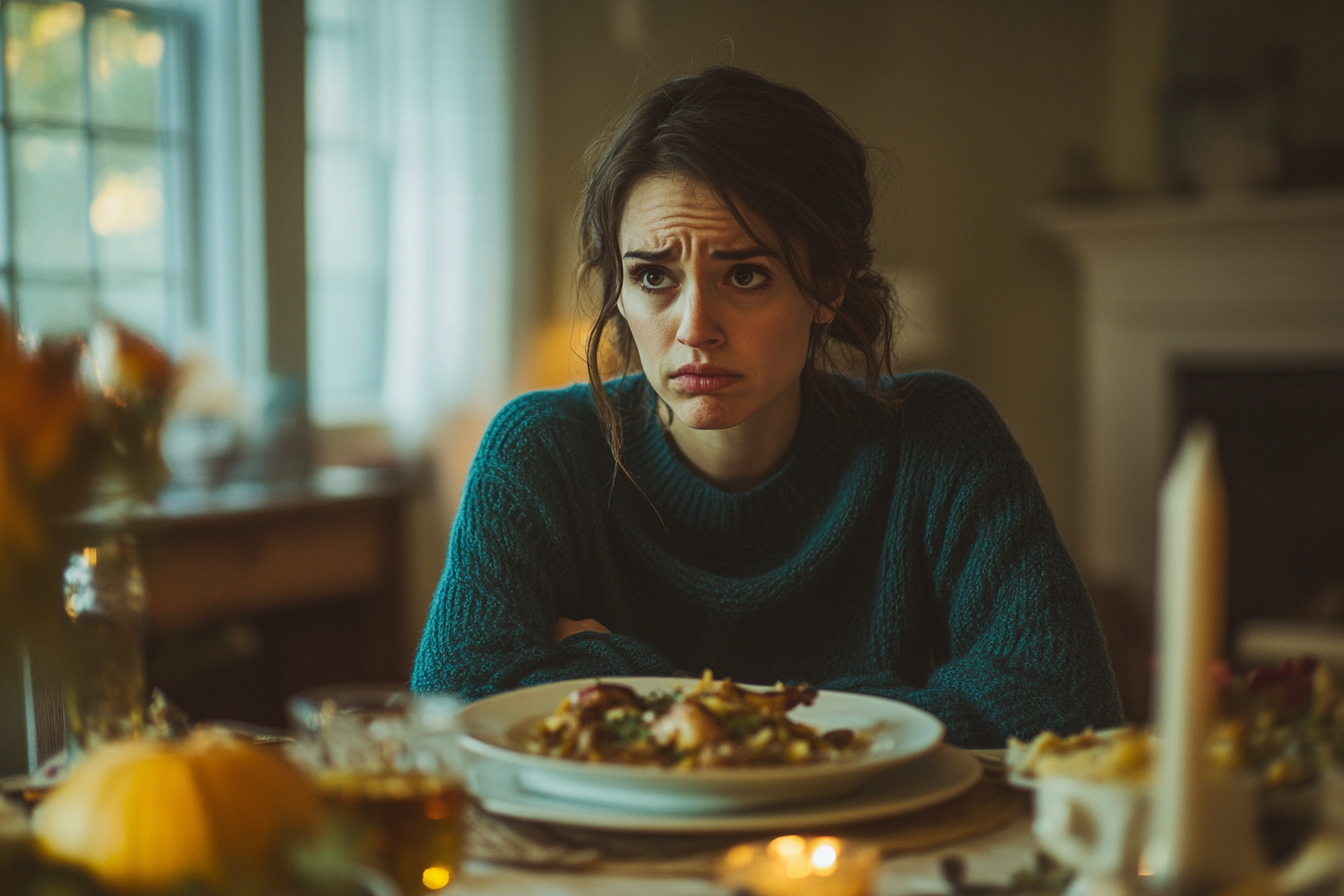 A woman looking sad during Thanksgiving dinner | Source: Midjourney