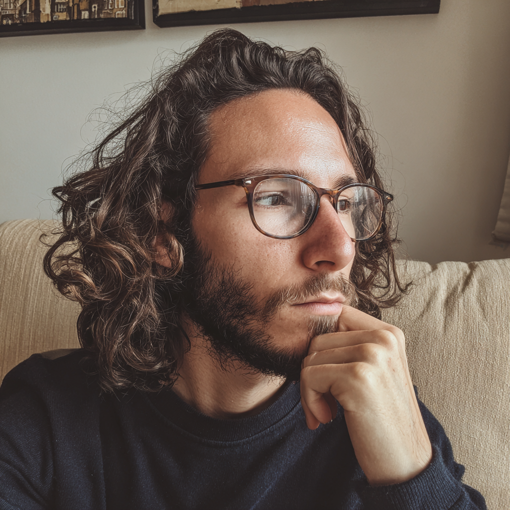 A pensive man wearing a navy shirt | Source: Midjourney