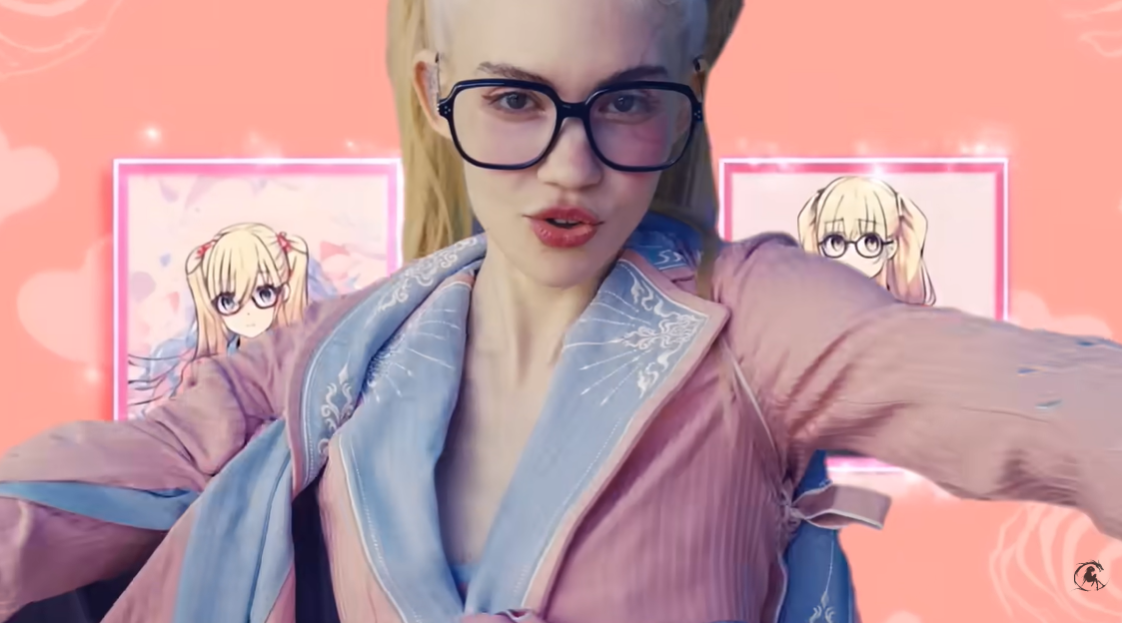 Grimes performs against an anime-inspired backdrop in her music video Artificial Angels, wearing oversized glasses and a pastel satin robe, as posted on October 21, 2025 | Source: YouTube/grimes