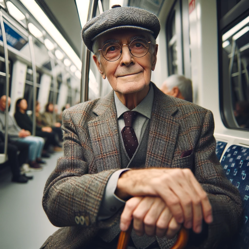 An elderly man sitting in a subway train via AI | Source: DALL·E