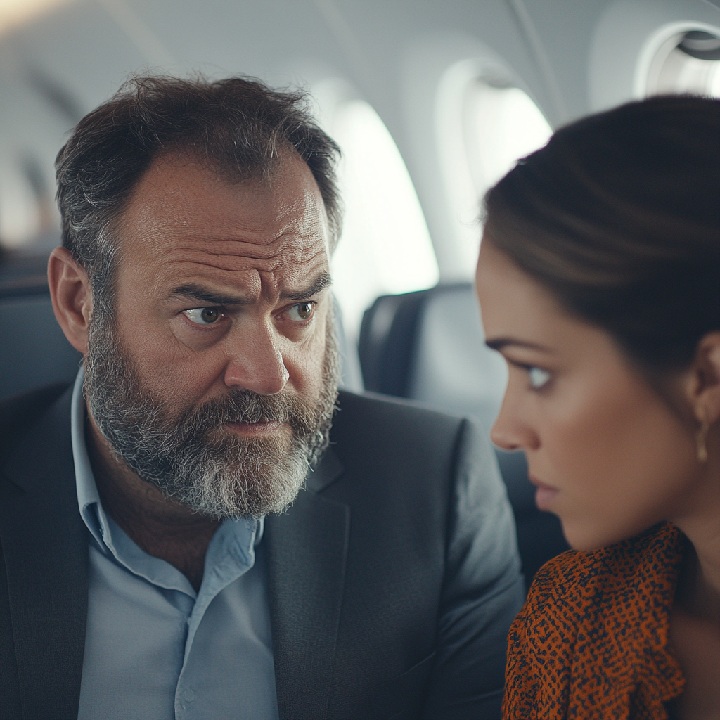 A grumpy man talking to a flight attendant | Source: Midjourney