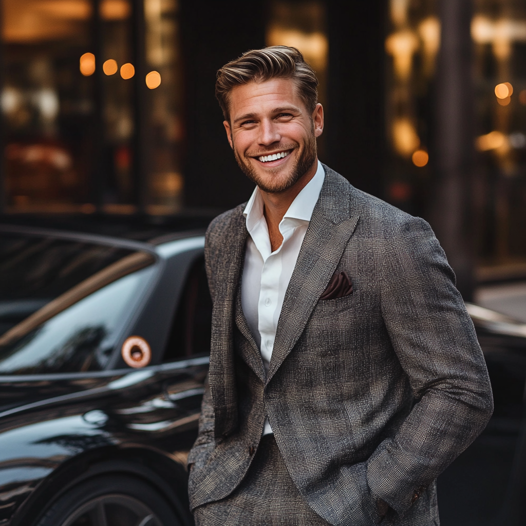 An entitled man standing next to his fancy car | Source: Midjourney