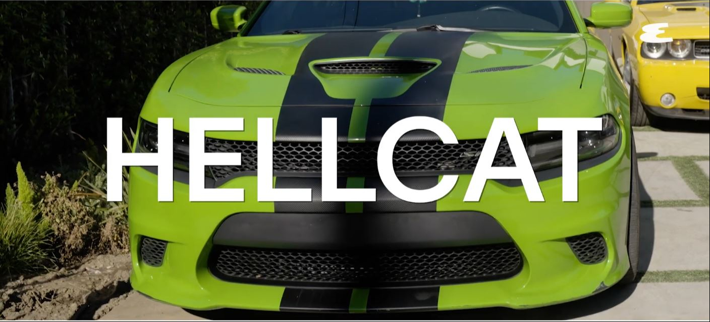 The front end of Wiz Khalifa's Dodge Challenger SRT Hellcat, a custom-built muscle car he received after negotiating a unique deal with Dodge during his DJing years. | Source: YouTube/Esquire