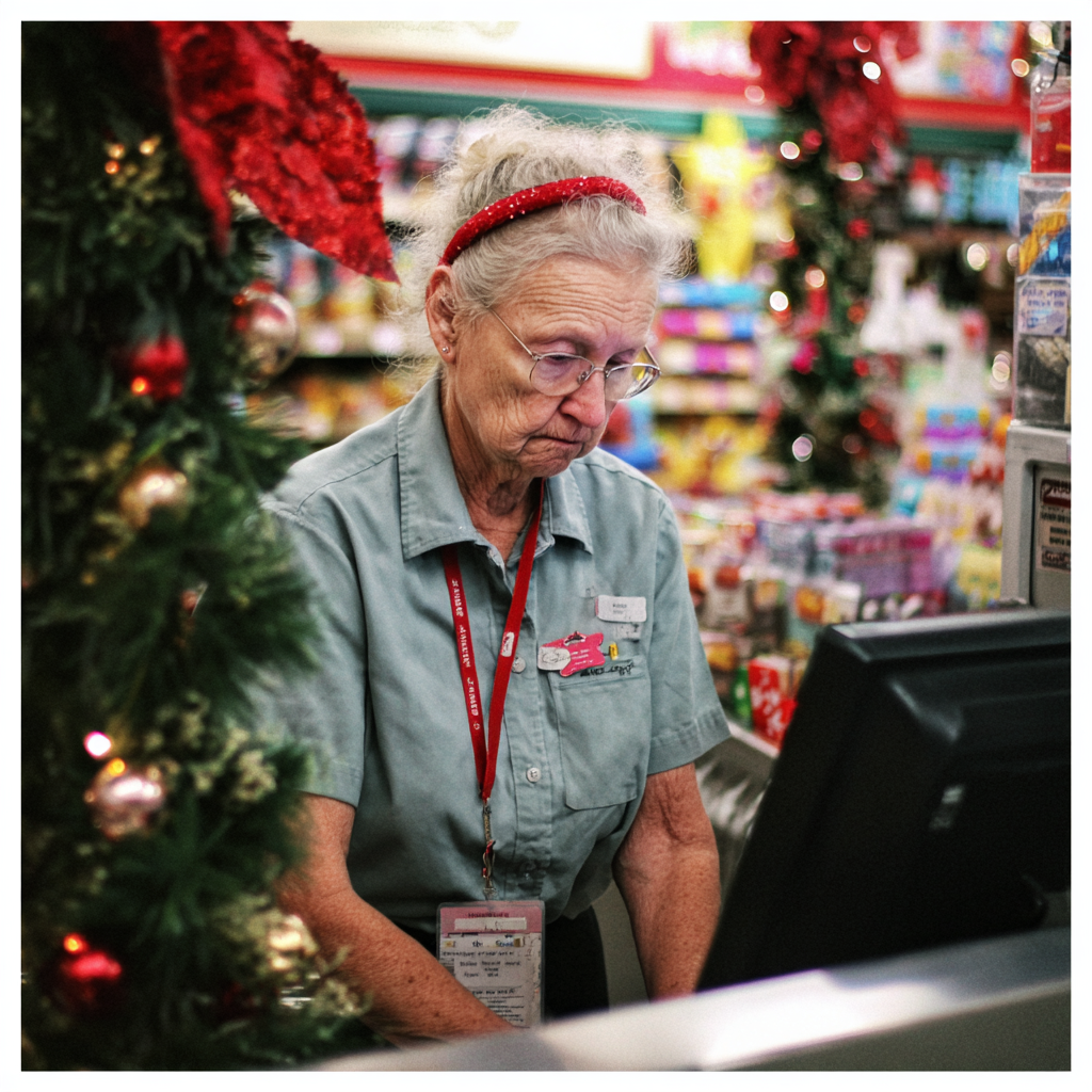An embarrassed older woman standing at a cash register | Source: Midjourney