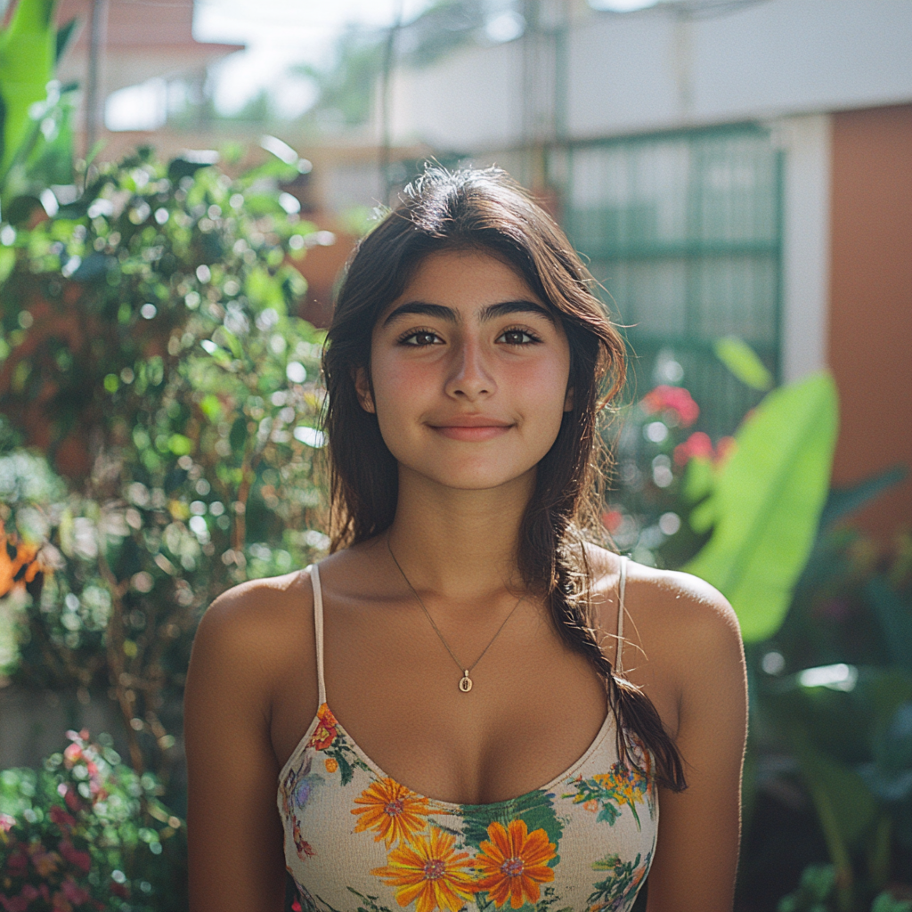 A happy woman in the yard of her new apartment | Source: Midjourney