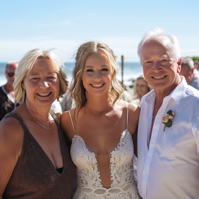 A bride posing for a photo with her parents | Source: Midjourney