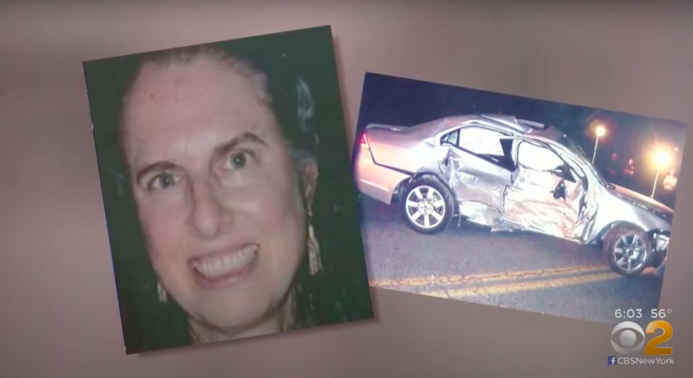 A screenshot of Helene Seeman and the car she and her husband were driving after the accident, posted on February 16, 2019 | Source: YouTube/CBS New York