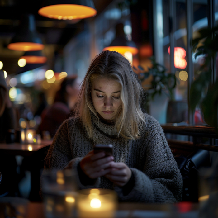 A woman using her phone in a restaurant | Source: Midjourney