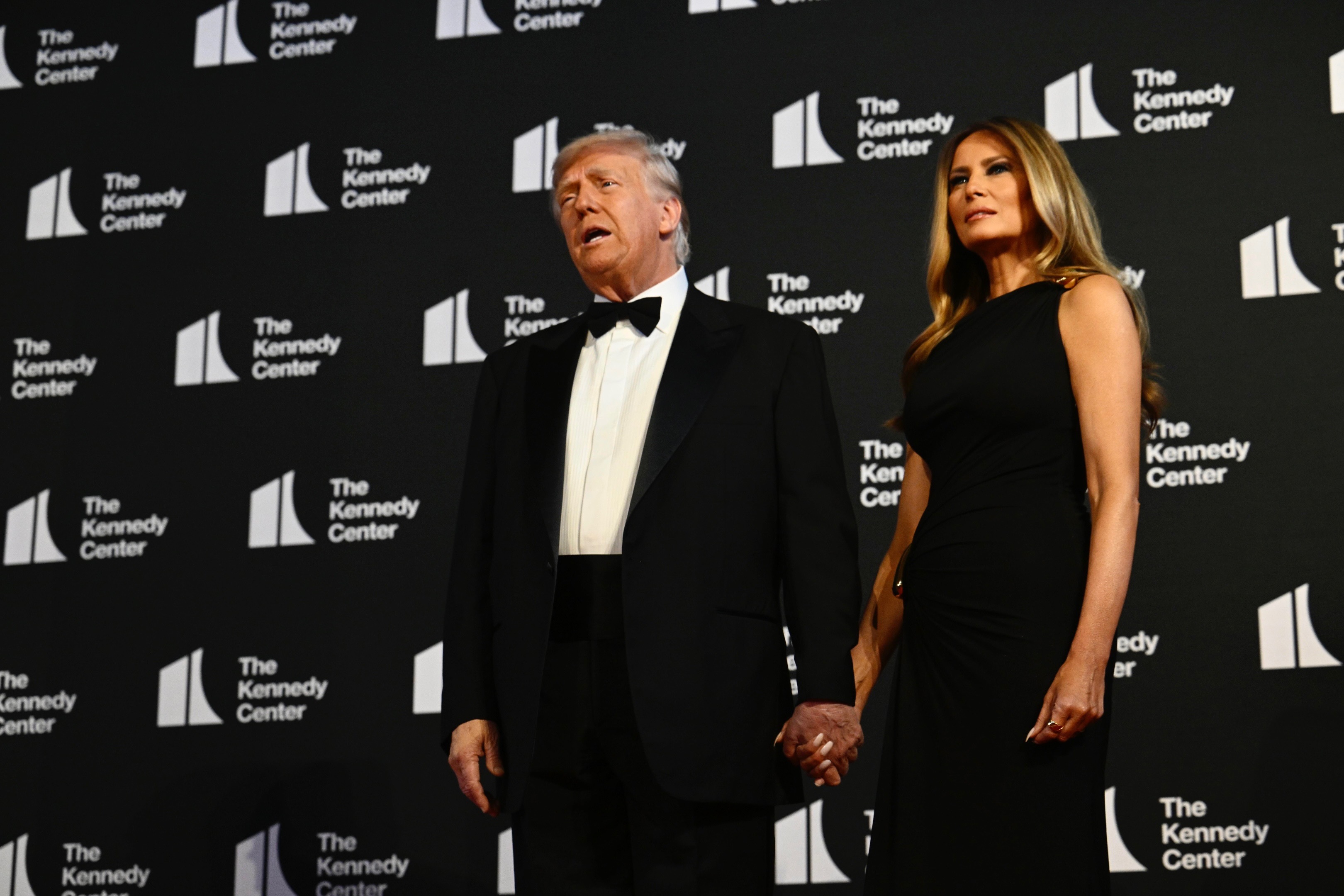 Photographed from a slightly low angle, Donald and Melania stand hand in hand with a composed presence. The perspective emphasizes their posture and height, with Melania’s gown falling smoothly in view.