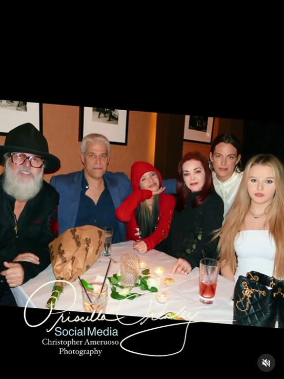 Harper Lockwood smiles beside her grandmother, Priscilla Presley, Riley Keough, and Finley Lockwood, along with their companions, dated May 2024. | Source: Instagram/priscillapresley