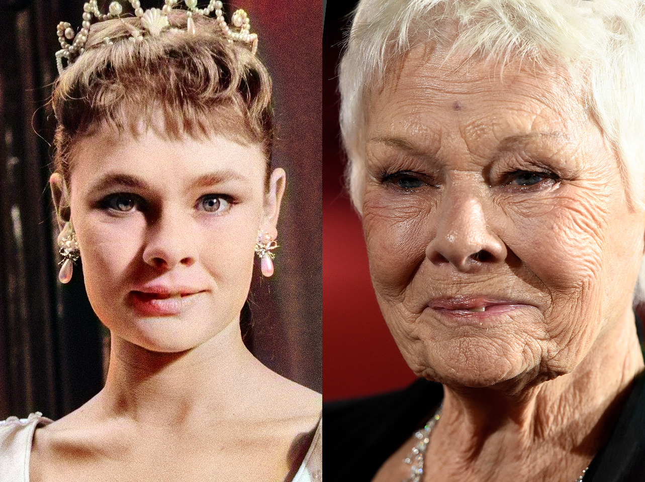 Judi Dench in her younger years and her now. | Source: Getty Images