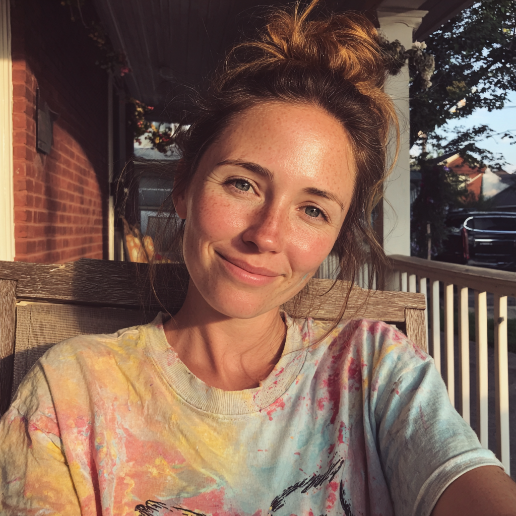 A smiling woman sitting on a porch | Source: Midjourney