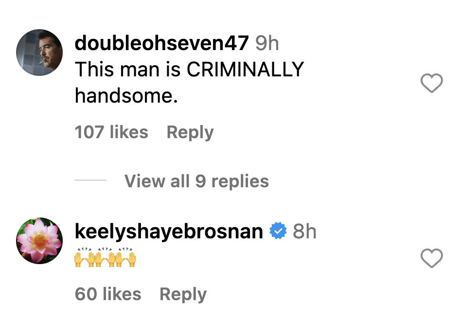 A fan and Keely Shaye Brosnan comment on Pierce Brosnan's new Instagram post dated December 3, 2023 | Source: Instagram.com/piercebrosnanofficial