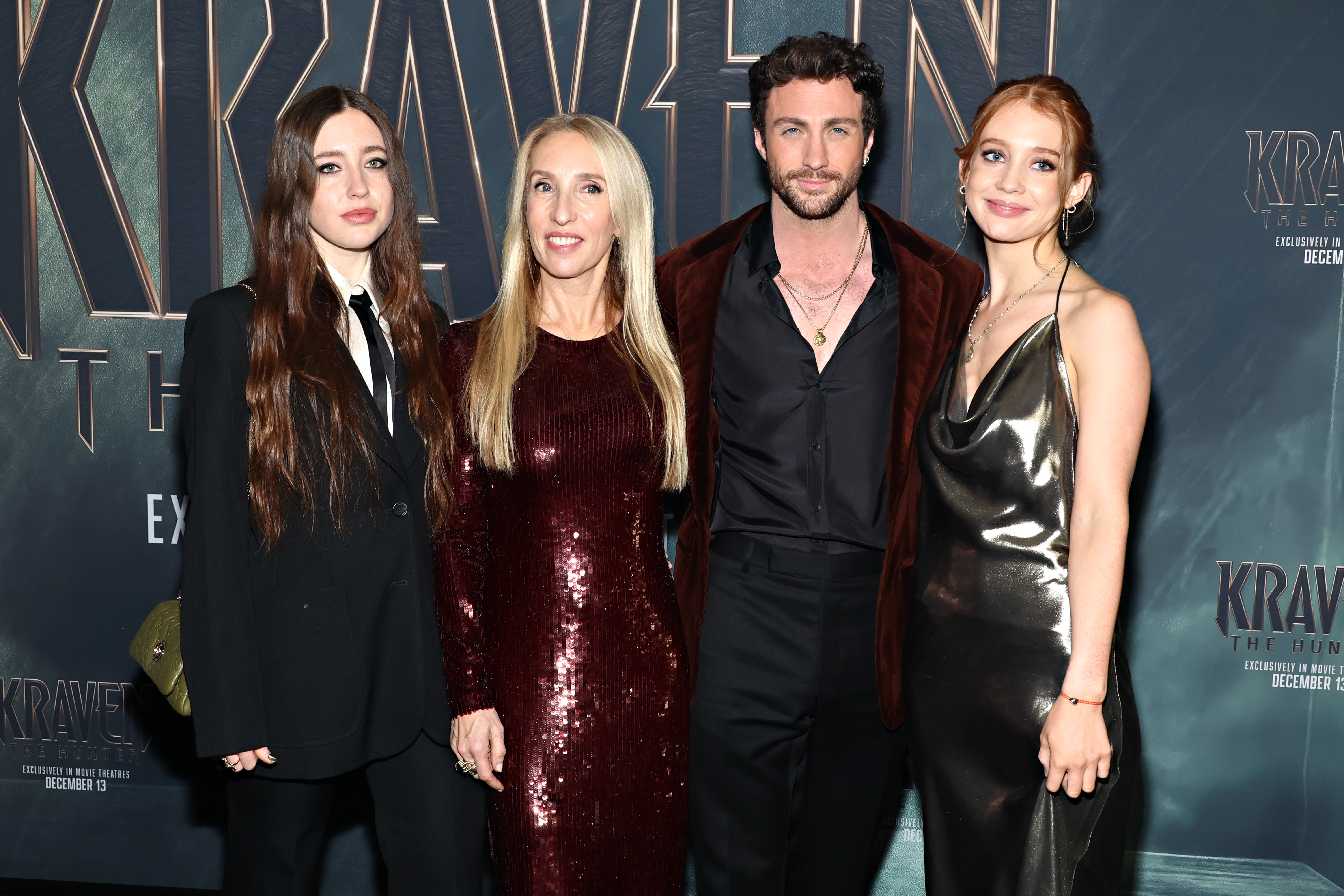 Angelica Jopling, Sam Taylor-Johnson, Aaron Taylor-Johnson, and Jessie Phoenix Jopling attend the premiere of "Kraven The Hunter" | Source: Getty Images