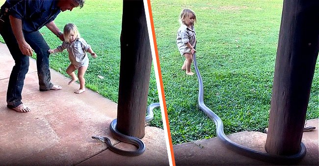 Wright pictured with his 2-year-old son Banjo as he tries to handle a giant python. | Photo:  instagram.com/mattwright