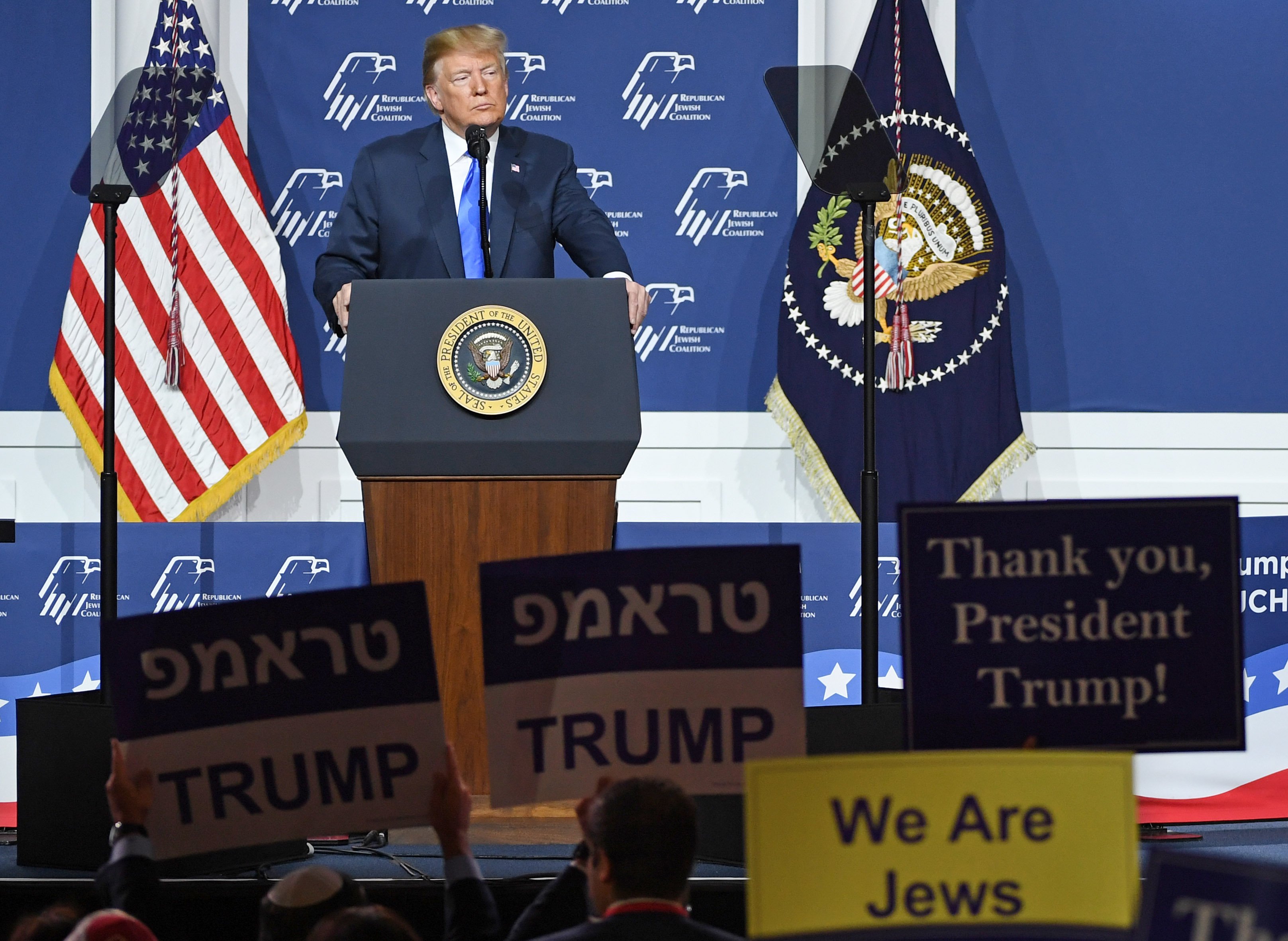 Donald Trump delivering a speech at the resident Donald Trump speaks during the Republican Jewish Coalition's annual meeting at The Venetian Las Vegas | Photo: Getty Images