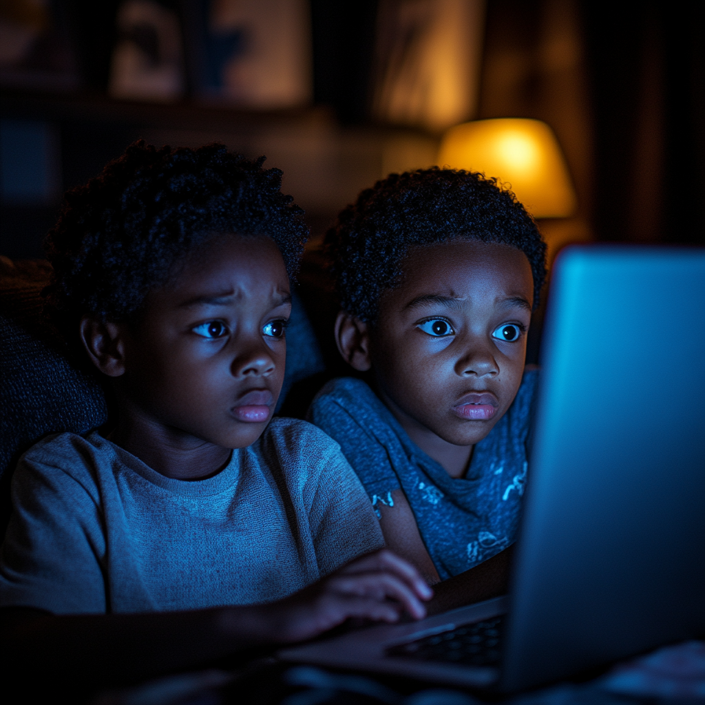 Two kids watching something on a laptop at home | Source: Midjourney