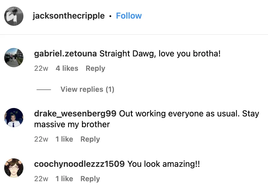 User comments on Jackson Schop's photo, dated May 18, 2023 | Source: instagram.com/jacksonthecripple