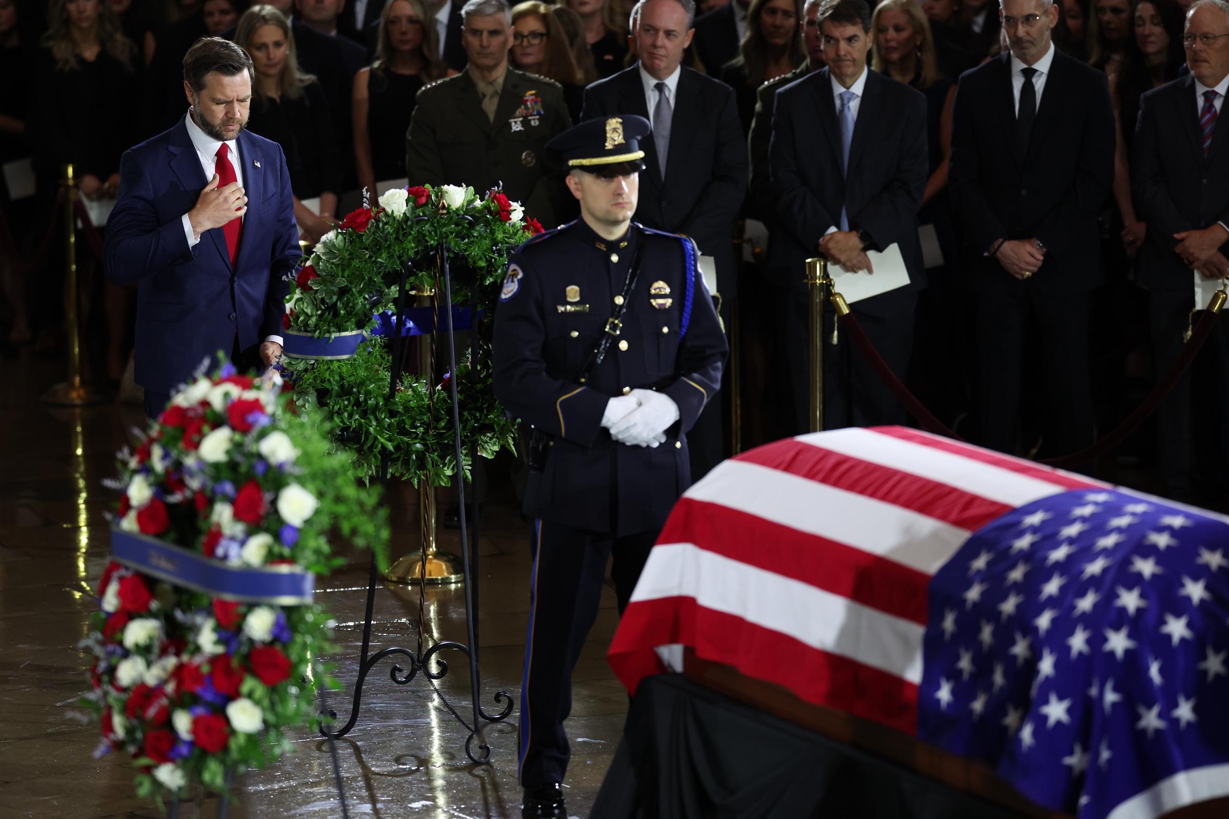 What JD Vance did close to the casket gathered significant public and online attention. As seen in this photo, he paid his respects over the casket during a memorial tribute for the late Lindsey Graham in the Rotunda of the U.S. Capitol on July 28, 2026, in Washington, D.C. | Source: Getty Images