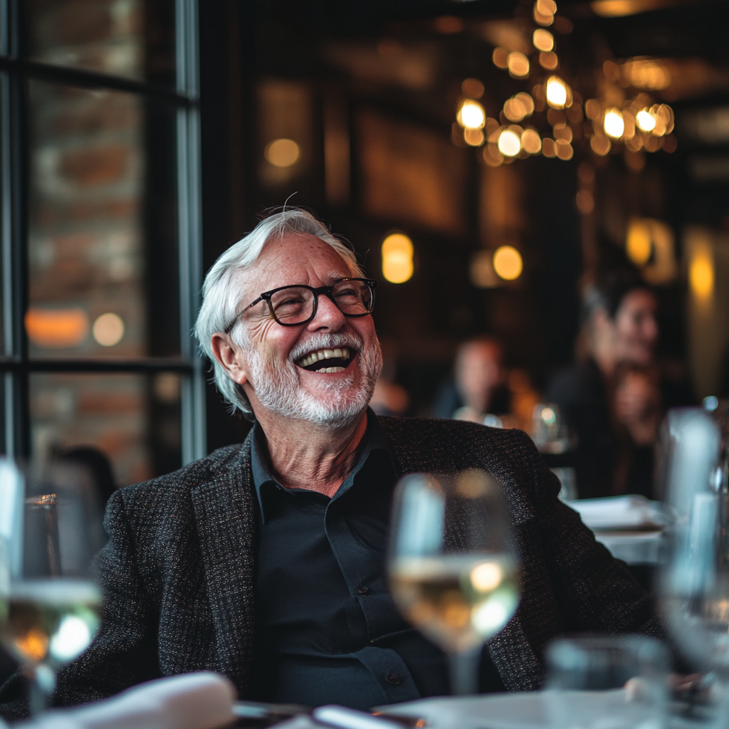 A senior man chuckles while sitting in an upscale restaurant | Source: Midjourney