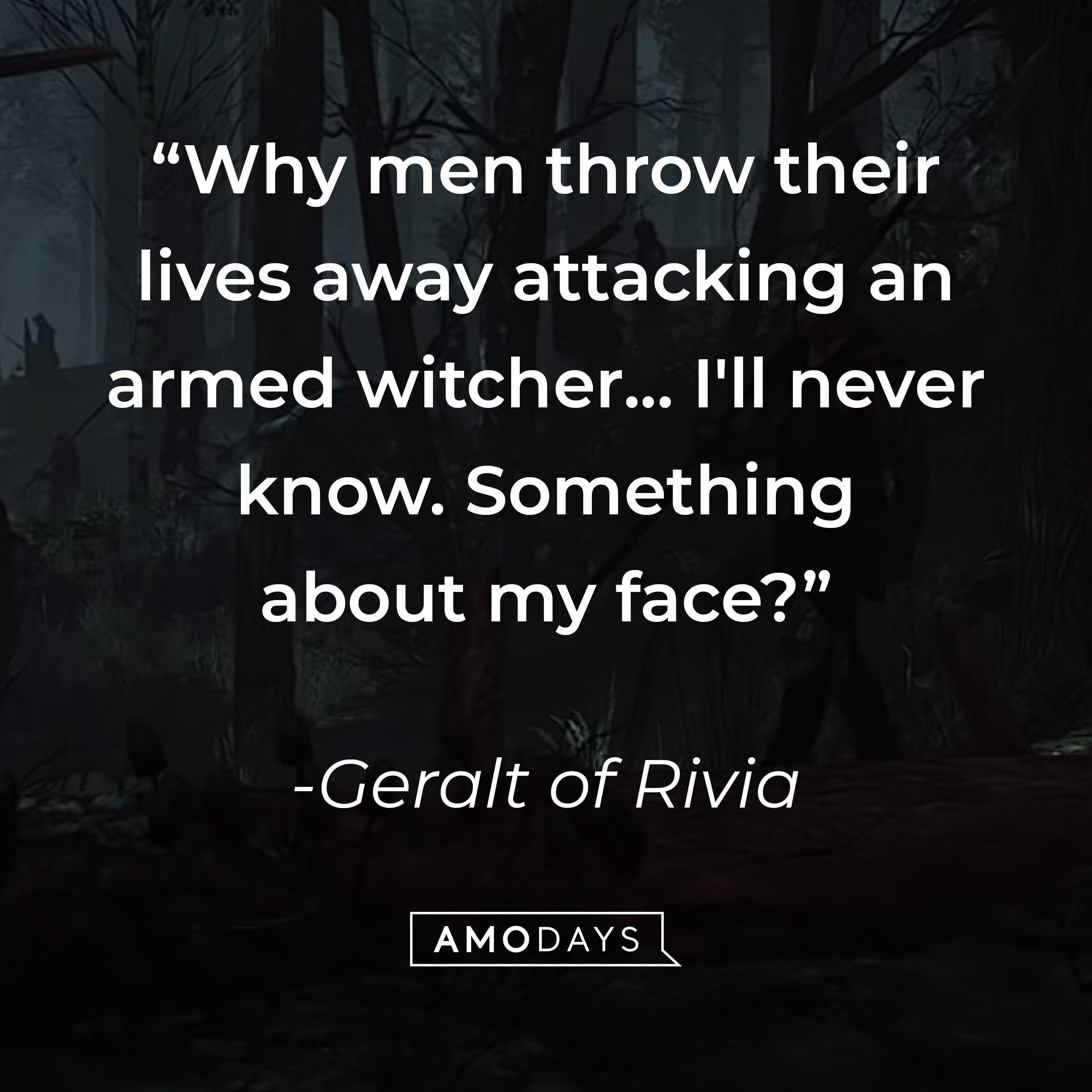 Geralt of Rivia's quote: "Why men throw their lives away attacking an armed witcher... I'll never know. Something about my face?" | Source: youtube.com/CDPRED