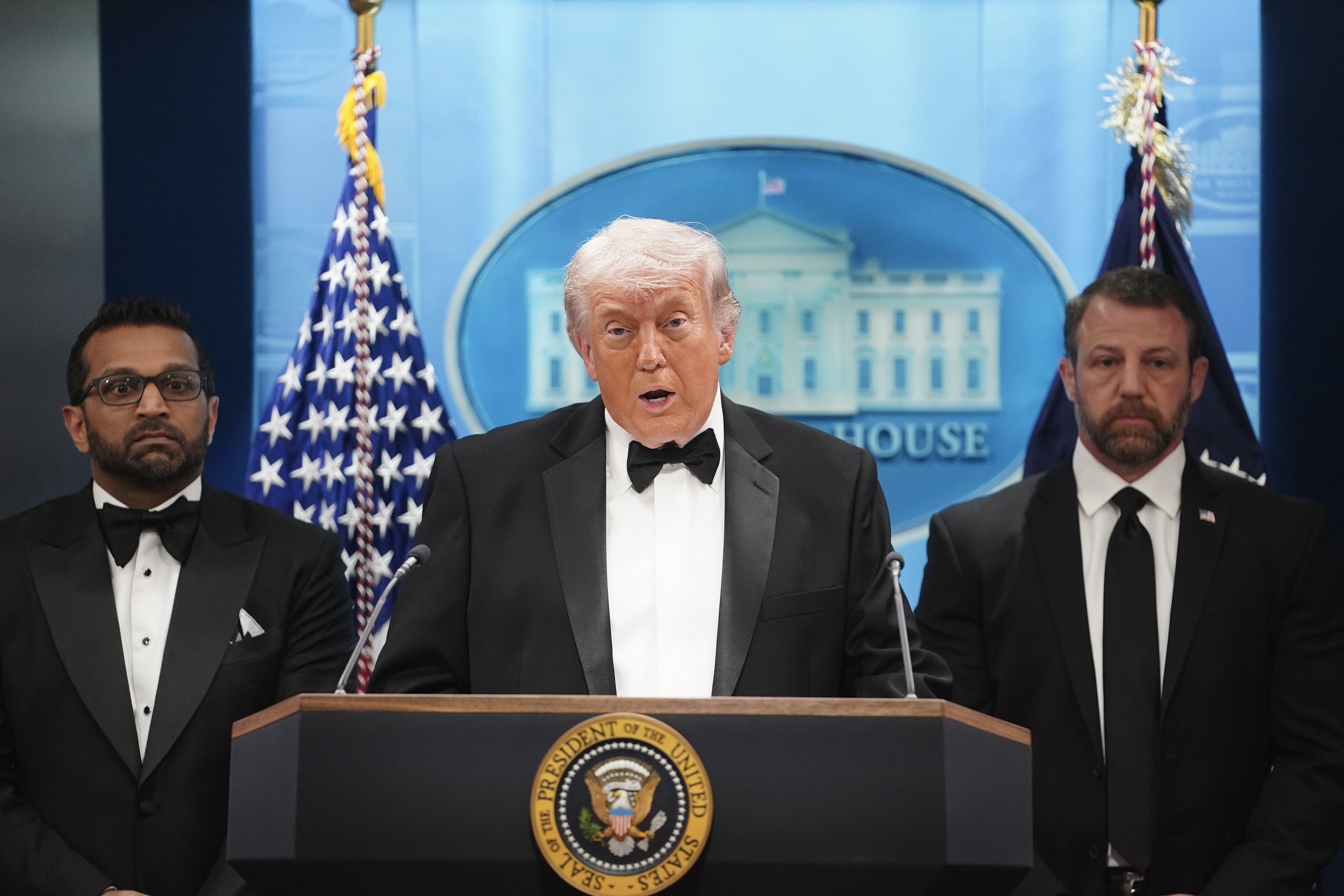 Donald Trump speaks during a press conference flanked by Kash Patel and Markwayne Mullin in the Brady Press Briefing Room at the White House on April 25, 2026, in Washington, DC | Source: Getty Images
