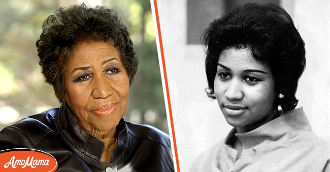 Closeup photo of Singer Aretha Franklin during an interview [left] Singer Aretha Franklin records in the studio in circa 1961 [right]. | Source: Getty Images