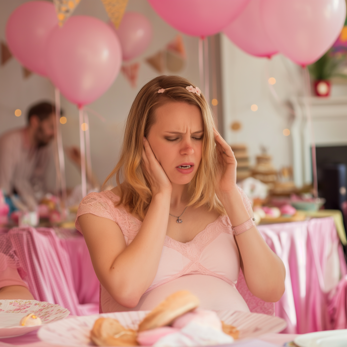 A frustrated pregnant woman at her baby shower | Source: Midjourney