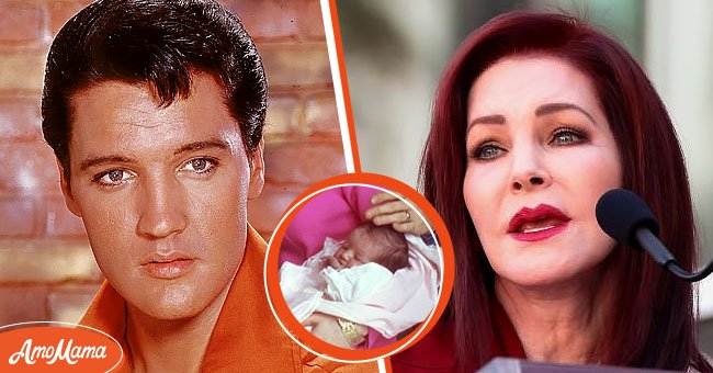 Portrait of Elvis Presley in the 1960s [left]. Priscilla Presley on November 16, 2018 in Hollywood, California [right]. Lisa Marie Presley as a baby [circle] | Photo: Getty Images
